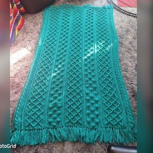 Teal Fisherman Style Afghan w/Fringe Hand Crocheted In Teal